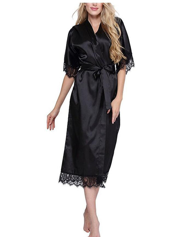 High Quality Black Women Silk Rayon Robe Sexy Long Lingerie Sleepwear Kimono Yukata Nightgown Plus Size S M L XL XXL XXXL A-050