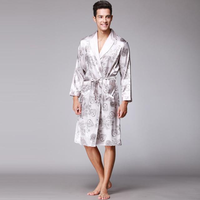Coffee And Navy Blue Men Silk Robes 2016 Male Senior Satin Sleepwear Summer Long Paisley Pattern Robe Set Long Sleeves Nightgown