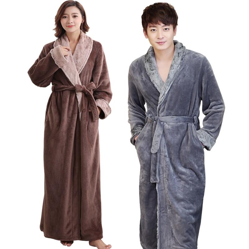 Lovers Soft fur Extra Long Thermal Bathrobe Men Plus Size Thick Flannel Warm Kimono Bath Robe Male Dressing Gown Winter Robes