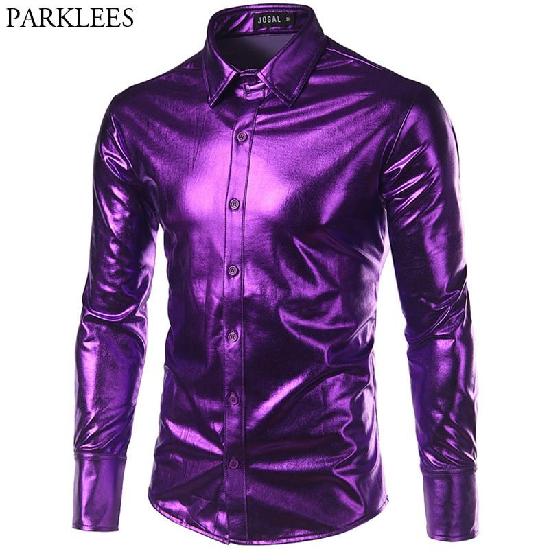 Purple Coated Metallic Night Club Wear Shirt Men Long Sleeve Halloween Button Down Mens Dress Shirt Shiny Elastic Chemise Homme