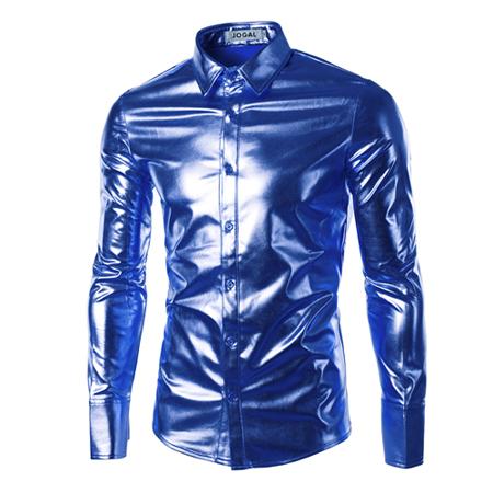 Purple Coated Metallic Night Club Wear Shirt Men Long Sleeve Halloween Button Down Mens Dress Shirt Shiny Elastic Chemise Homme