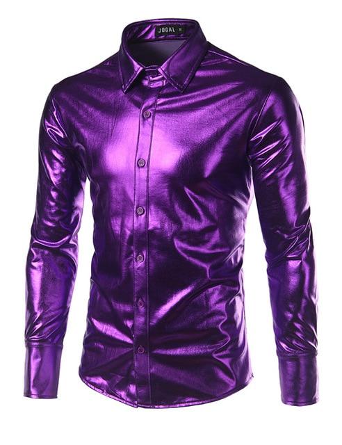 Purple Coated Metallic Night Club Wear Shirt Men Long Sleeve Halloween Button Down Mens Dress Shirt Shiny Elastic Chemise Homme