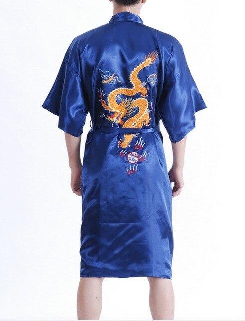 New Arrival Navy Blue Male Silk Robe Chinese Classic Embroidery Night Wear Traditional Kimono Gown Size S M L XL XXL XXXL MR038