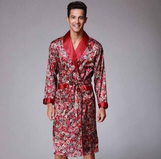 2018 Men's Luxury Satin Silk Printed Robes Bathrobe Loose Plus Size Nightgown Sleepwear Kimono Dressing Gown For Male