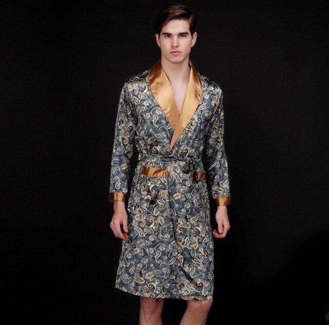 2018 Men's Luxury Satin Silk Printed Robes Bathrobe Loose Plus Size Nightgown Sleepwear Kimono Dressing Gown For Male