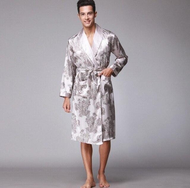 2018 Men's Luxury Satin Silk Printed Robes Bathrobe Loose Plus Size Nightgown Sleepwear Kimono Dressing Gown For Male