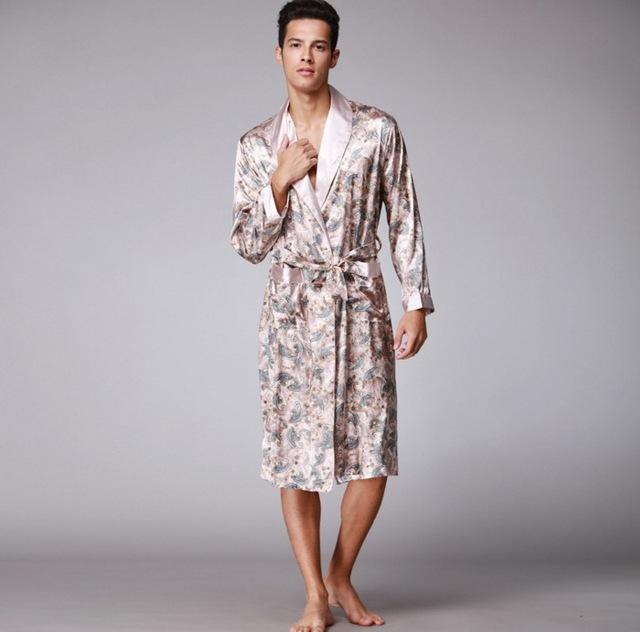 2018 Men's Luxury Satin Silk Printed Robes Bathrobe Loose Plus Size Nightgown Sleepwear Kimono Dressing Gown For Male