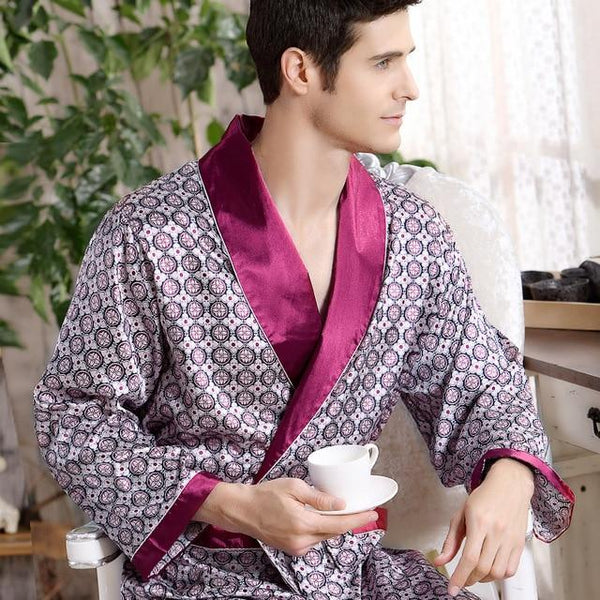 Men Silk long-sleeved Bathrobe Plus Size 5XL kimono Home Bath Gown Male Printed Geometric Robes V-neck Satin Sleepwear Nightgown
