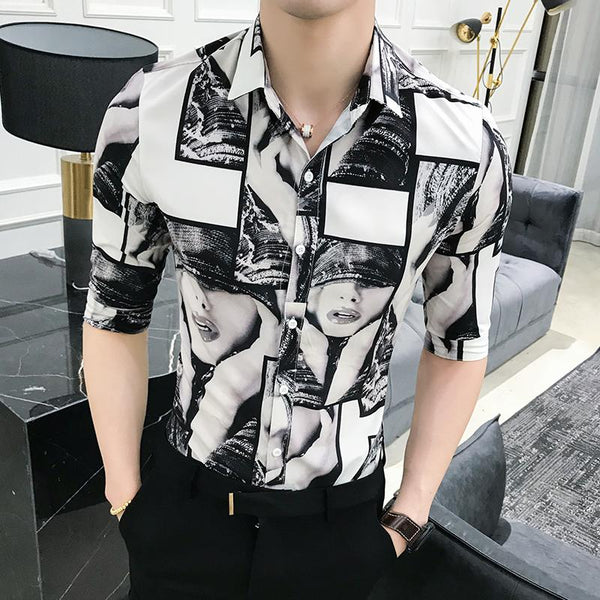 Quality Summer Men Shirt Personality Beauty Print Slim Fit Tuxedo Shirt Half Sleeve Casual Night Club Sexy Party Dress Shirts