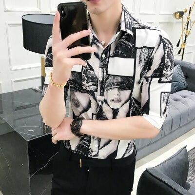 Quality Summer Men Shirt Personality Beauty Print Slim Fit Tuxedo Shirt Half Sleeve Casual Night Club Sexy Party Dress Shirts