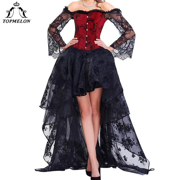 TOPMELON Steampunk Corset Dress Bustier Gothic Corselet Sexy Corsets Women Lace Off Shoulder Floral Party Hot Long Dresses
