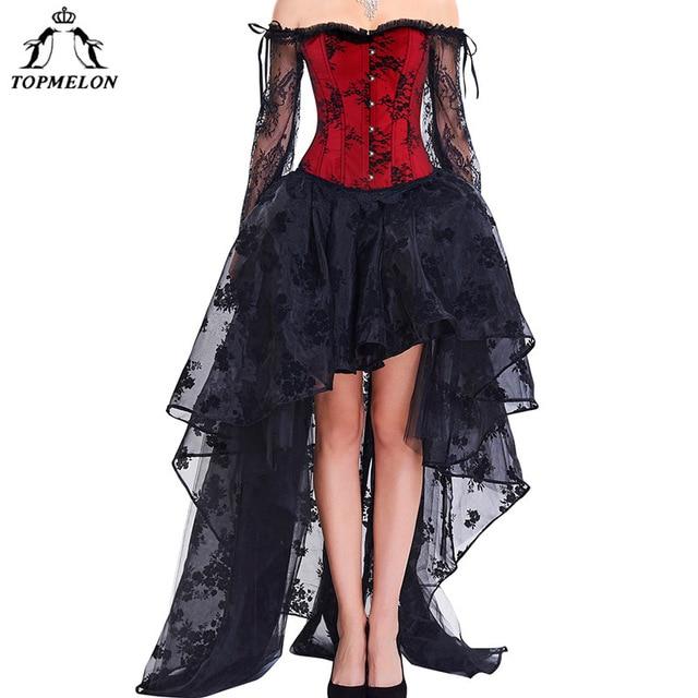 TOPMELON Steampunk Corset Dress Bustier Gothic Corselet Sexy Corsets Women Lace Off Shoulder Floral Party Hot Long Dresses