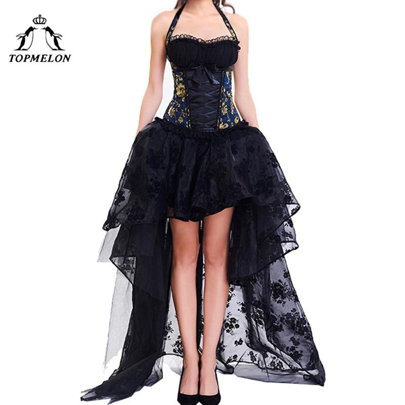 TOPMELON Corset Dress Women Bustier Steampunk Bustier Gothic Corselet Sexy Halter Lace Ruffles Floral Party Maxi Dress Ball Gown