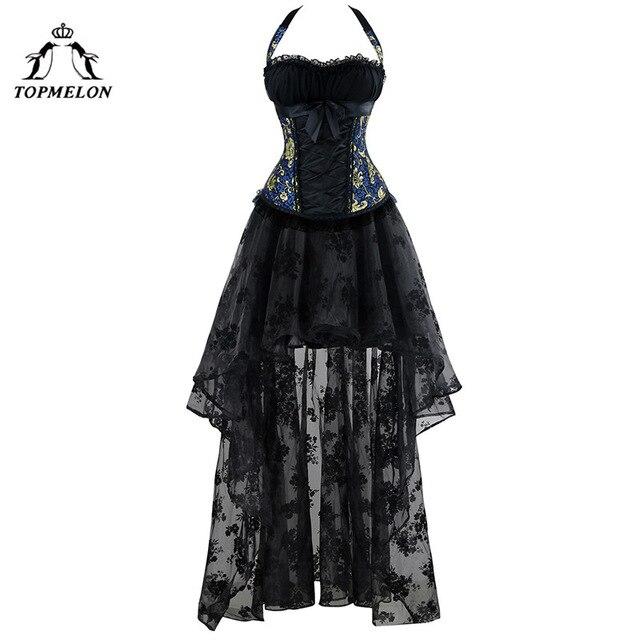 TOPMELON Corset Dress Women Bustier Steampunk Bustier Gothic Corselet Sexy Halter Lace Ruffles Floral Party Maxi Dress Ball Gown