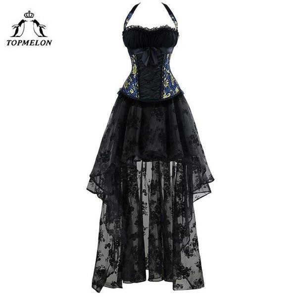 TOPMELON Corset Dress Women Bustier Steampunk Bustier Gothic Corselet Sexy Halter Lace Ruffles Floral Party Maxi Dress Ball Gown