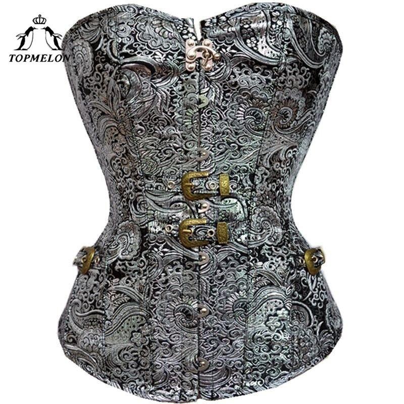 TOPMELON Silver Corset Women Bustier Corselet Sexy Corsets and Bustiers Back Lacing Buckles Floral Party Shows Club Party Tops
