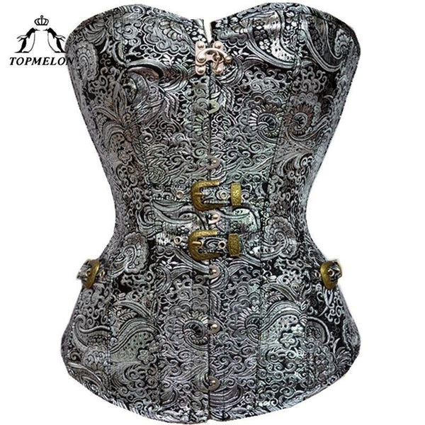 TOPMELON Silver Corset Women Bustier Corselet Sexy Corsets and Bustiers Back Lacing Buckles Floral Party Shows Club Party Tops