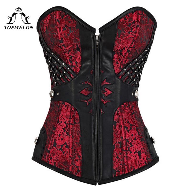 TOPMELON Steampunk Waist Trainer Corset Bustier Gothic Corselet Sexy Corset Women Retro Floral Rivet Party Shows Plays Club Tops