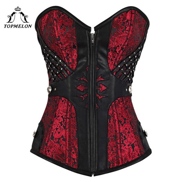 TOPMELON Steampunk Waist Trainer Corset Bustier Gothic Corselet Sexy Corset Women Retro Floral Rivet Party Shows Plays Club Tops