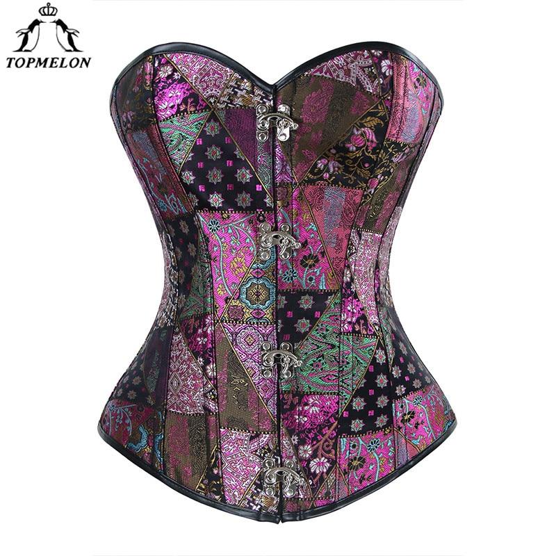 TOPMELON Sexy Corset Women Retro Gothic Steampunk Bustier Corselet Purple Slimming Strapless Floral Back Lacing Tops  for Shows