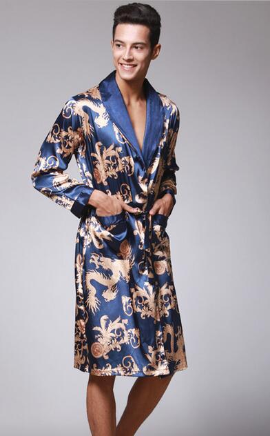 Mens Robe Silk Satin Pajamas Sleepwear Robes Bathrobe Nightgown  peignoir sexy pour hommes dragon embroidered kimono erkek