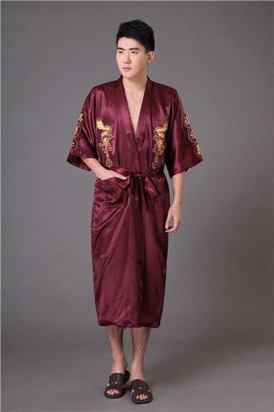 Oversize XXXL Burgundy Men's Kimono Bath Gown Chinese Style Silk Satin Robe Embroidery Dragon Nightgown Sleepwear Pijamas MR009