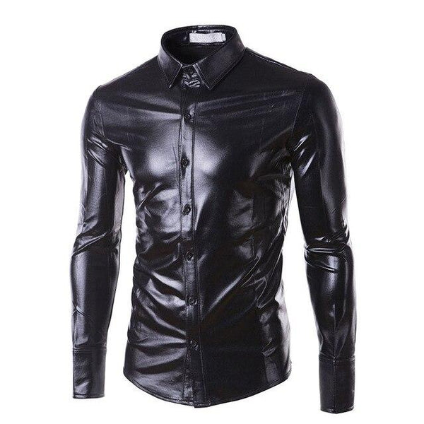 Loldeal Mens Trend Night Club Coated Metallic Halloween Gold Silver Button Down Shirts Party Shiny Long Sleeves Dress Shirts