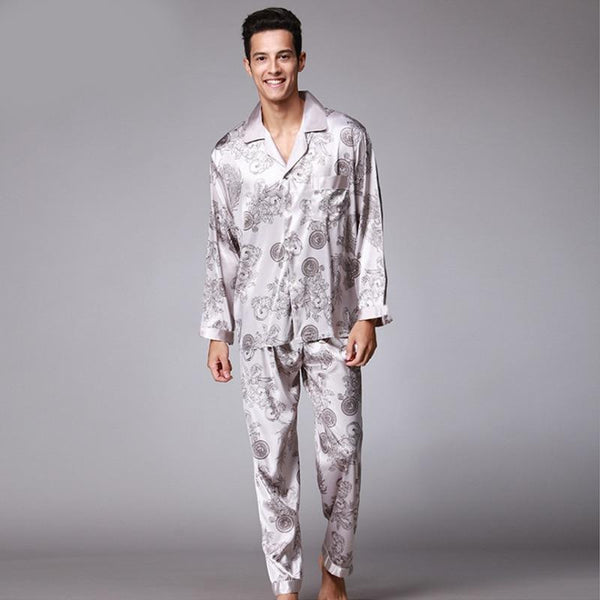 SSH004 High Quality Printed Wedding Mens Pajamas Satin Silk Nightgown Sleepwear Spring Autumn Male Full Sleeves Pants Pajama Set