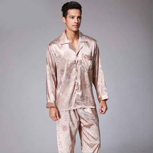 SSH004 High Quality Printed Wedding Mens Pajamas Satin Silk Nightgown Sleepwear Spring Autumn Male Full Sleeves Pants Pajama Set