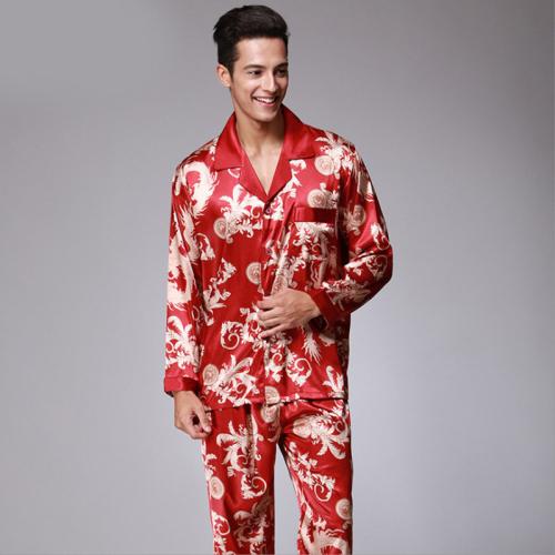 SSH004 High Quality Printed Wedding Mens Pajamas Satin Silk Nightgown Sleepwear Spring Autumn Male Full Sleeves Pants Pajama Set