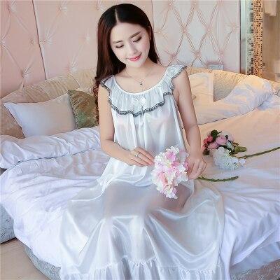 Plus Size 4XL Women's Sexy Silk Nightgowns Ladies Lace Long Sleepwear 2018 Summer Girls Sleeveless Loose Sleepdress Sleepshirts