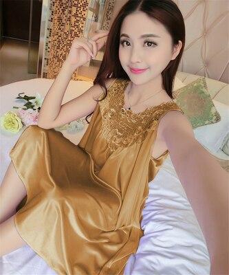 Plus Size 4XL Women's Sexy Silk Nightgowns Ladies Lace Long Sleepwear 2018 Summer Girls Sleeveless Loose Sleepdress Sleepshirts