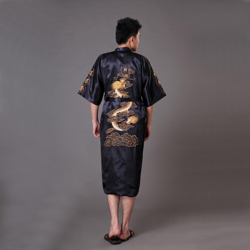 Black Chinese Men's  Embroidery Dragon Robe Nightgown Hot Sale Silk Satin Sleepwear Kimono Gown Size S M L XL XXL XXXL MR008