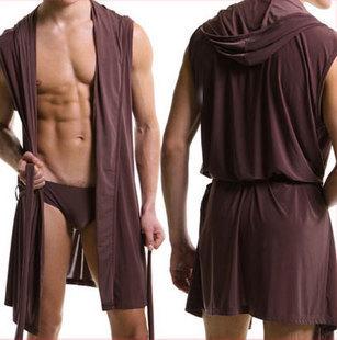 Sexy Men Sleeveless Hooded Silk Robe Gown Male Bathrobe Nightgown Cheap Men's Polyester Robes with Hood Black White Gray Coffee