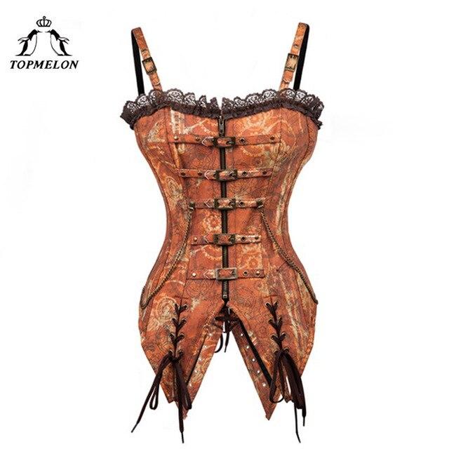 TOPMELON Retro Bustier Steampunk Tan Corset Women Gothic Corsets and Bustiers with Strap Corselet Buckle Gears Pattern Long Tops