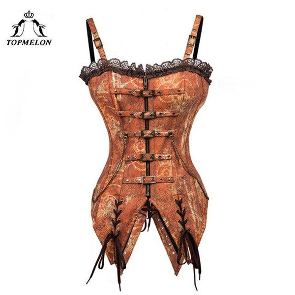 TOPMELON Retro Bustier Steampunk Tan Corset Women Gothic Corsets and Bustiers with Strap Corselet Buckle Gears Pattern Long Tops