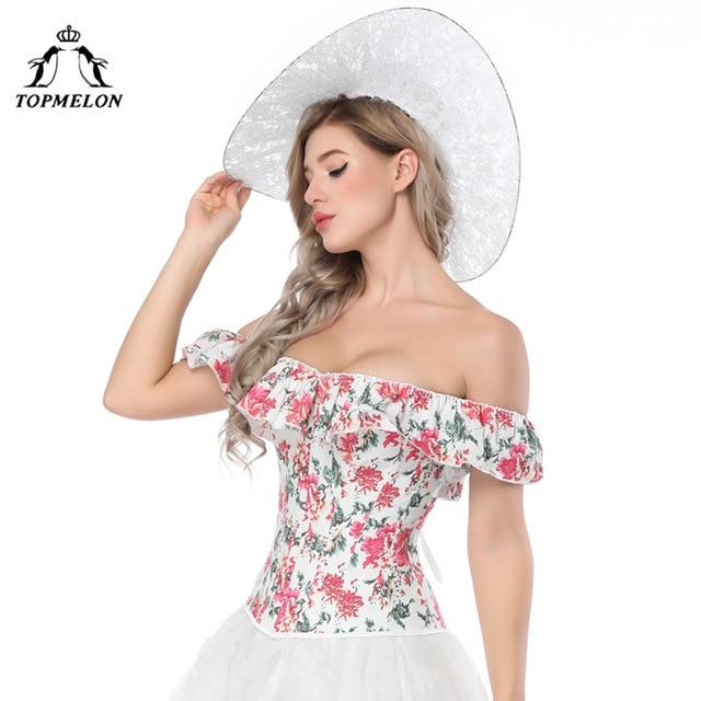 TOPMELON Floral Bustier Top Women's Off Shoulder Ruffles Corsets and Bustiers Overbust Sexy Corsets Slimming Short Sleeve Cloth