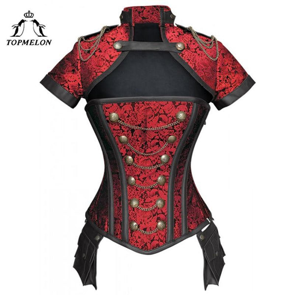 TOPMELON Steampunk Corset Gothic Steel Boned Flora Punk Bustiers Women Cut Out Chains Buttons Corselet Short Sleeve Bustier Tops