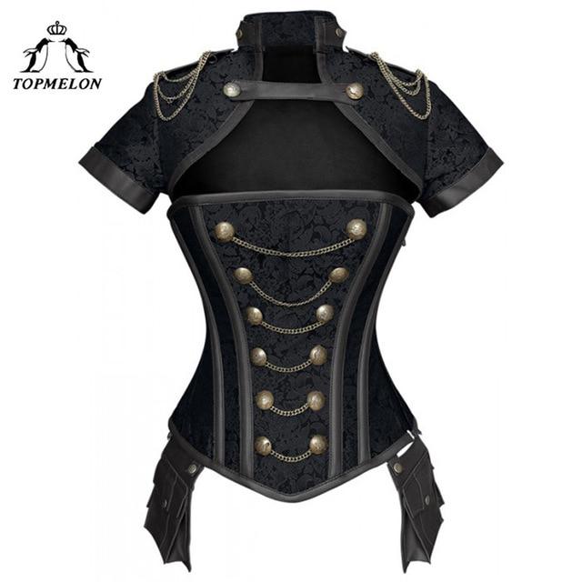 TOPMELON Steampunk Corset Gothic Steel Boned Flora Punk Bustiers Women Cut Out Chains Buttons Corselet Short Sleeve Bustier Tops