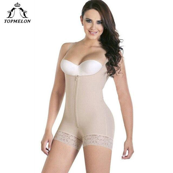 TOPMELON Women Sexy Lace Body Shaper Plunge U Underwear Slimming Bodysuits Waist Trainer Zipper Shapewear Butt Lifter Seamless