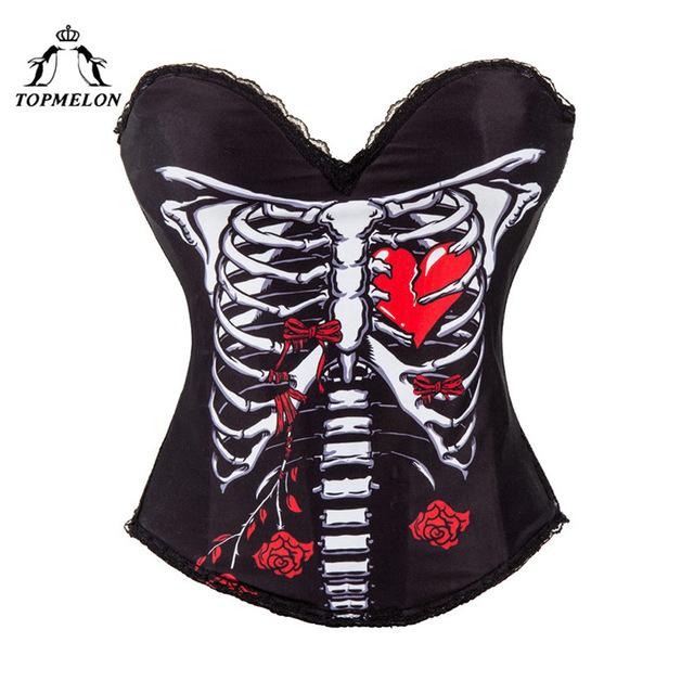 TOPMELON Halloween Corset Waist Trainer Steampunk Bustier Gothic Corselet Sexy Corset Women Black Lace Skull Pattern Corset Tops