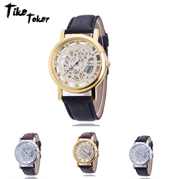TIke Toker Fashion Skeleton Watch Men Women Engraving Hollow Reloj Hombre Dress Quartz Wristwatch Leather Clock Relojes Mujer