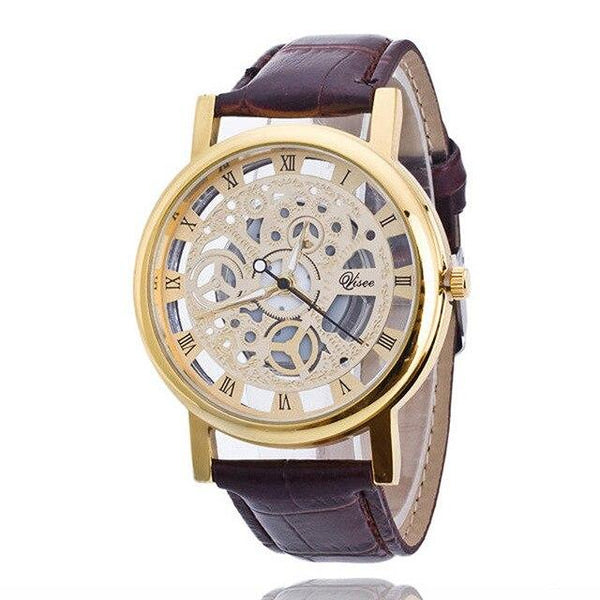 TIke Toker Fashion Skeleton Watch Men Women Engraving Hollow Reloj Hombre Dress Quartz Wristwatch Leather Clock Relojes Mujer