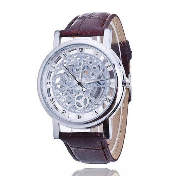 TIke Toker Fashion Skeleton Watch Men Women Engraving Hollow Reloj Hombre Dress Quartz Wristwatch Leather Clock Relojes Mujer