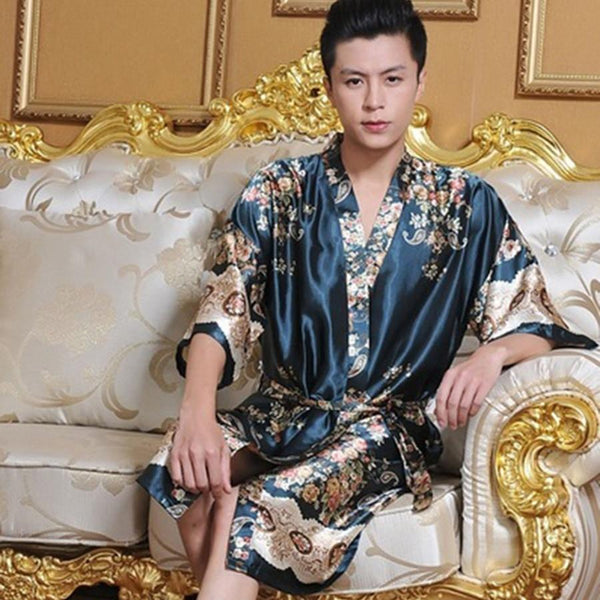Faux Silk Robes Men Nightgown Dressing Gown Kimono Pijama Men Satin Robe Bath Sleepwear Long Mens Cardigans Badjas Mannen S506