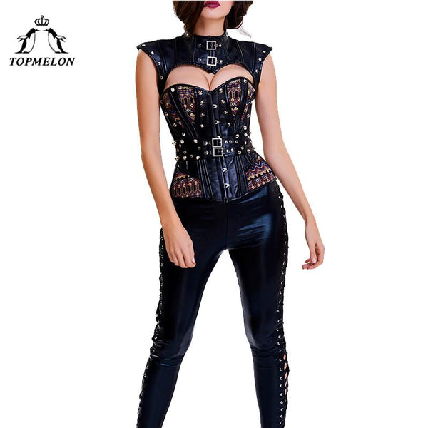 TOPMELON Sexy Corselet Bustiers Women Steampunk Bohemia Cut Out Shaper Rivet Floral Party Club Shows Cosplay Tops