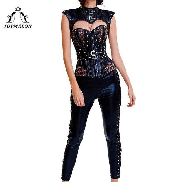 TOPMELON Sexy Corselet Bustiers Women Steampunk Bohemia Cut Out Shaper Rivet Floral Party Club Shows Cosplay Tops