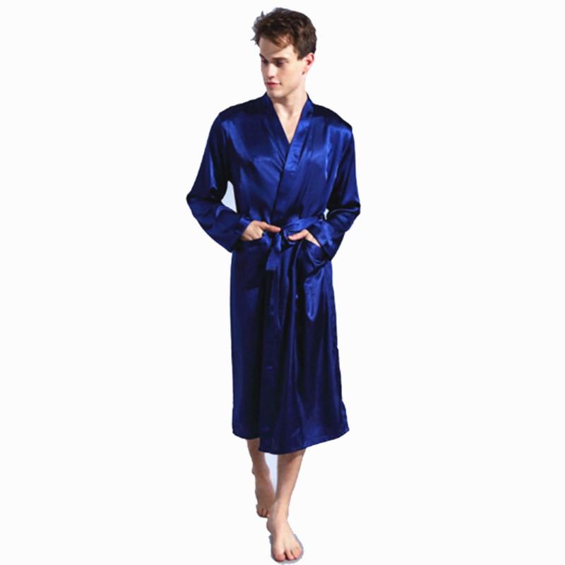 2017 Men's Satin Solid Robes Bathrobe Long Sleeve Nightgown Loose Plus Size Sleepwear Dressing Gown For Male