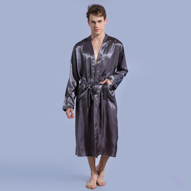 2017 Men's Satin Solid Robes Bathrobe Long Sleeve Nightgown Loose Plus Size Sleepwear Dressing Gown For Male