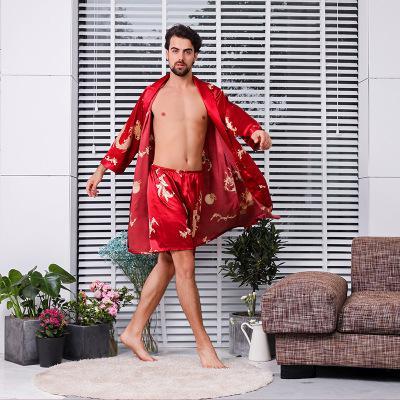 Two-piece Suit Male Silk Dressing Gown  Extra large Robe With Dragons Mens Satin Bathrobe Silk Kimono Men 1287